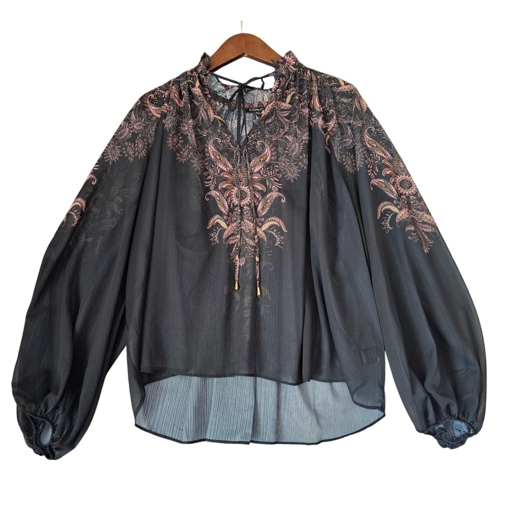 CQ by CQ Black Pink Paisley Sheer Boho Blouse Long Sleeve Tie Neck Top M/L